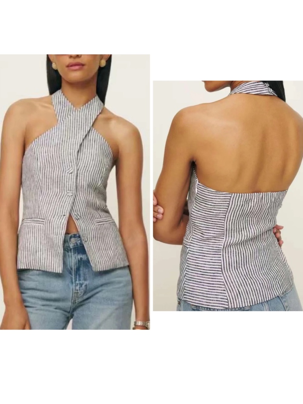 Reformation Tate Linen Striped Halter Backless Vest Vineyard Top NWT 10